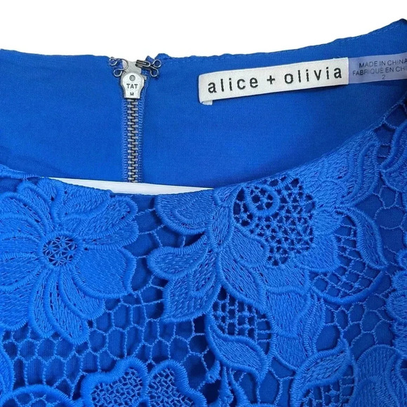 NEW Alice Olivia Clover Blue Guipure Lace Short Sleeved Mini Dress Size 2 - Picture 7 of 11